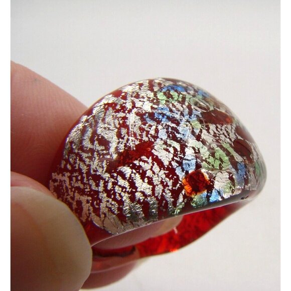 Pier One Blown Glass Cosmic Ring Domed Red Blue Gold Chromatic Lampwork Size 7 - Picture 6 of 11